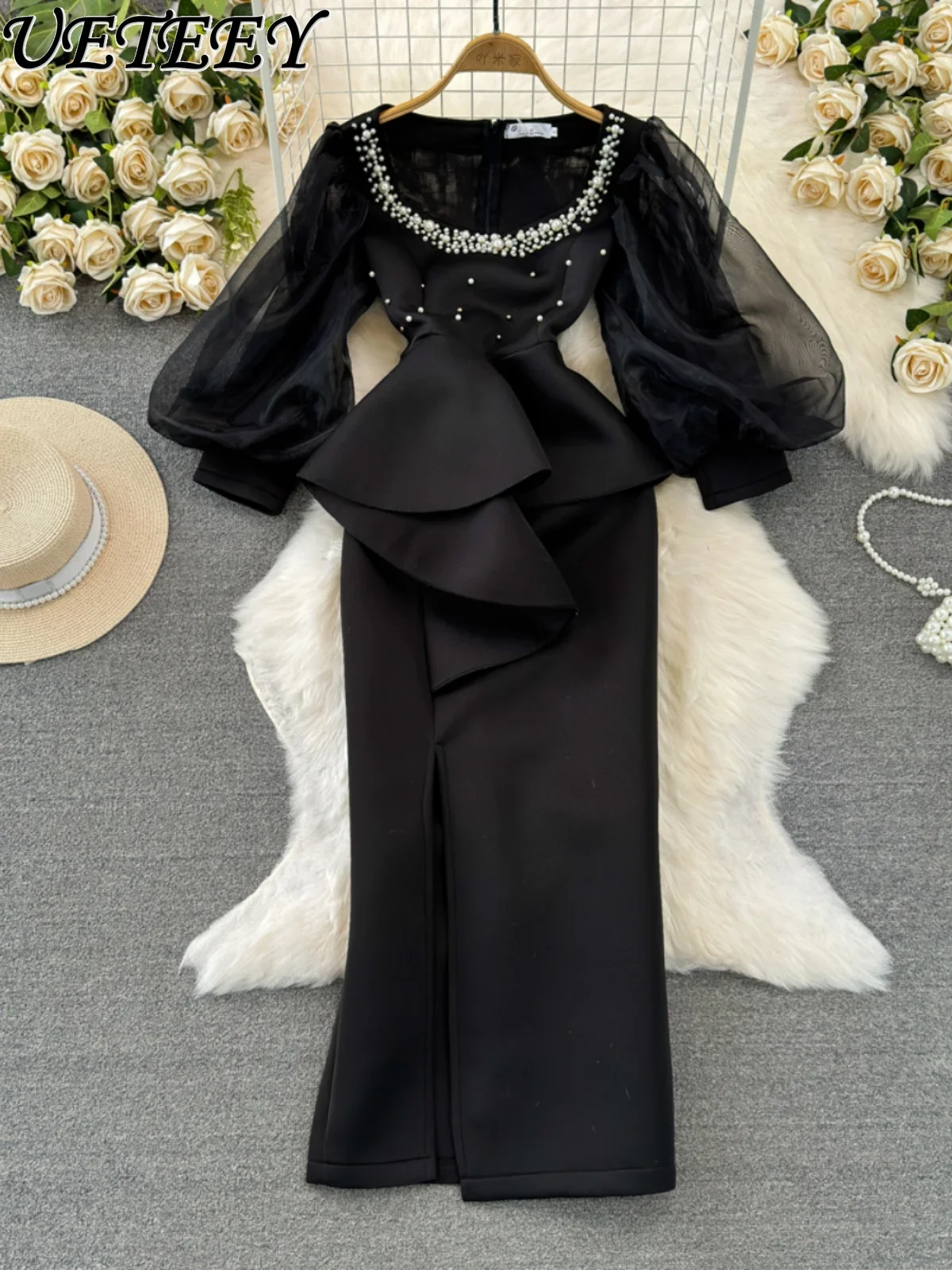 Элегантное женское платье-футляр макси с длинным рукавом-фонариком и квадратным