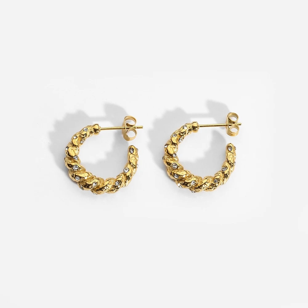 

New Waterproof Gold Plated Stainless Steel Glass Stone Croissant Hoop Earrings for Women Regalo De Joyas Para Mujeres 2022