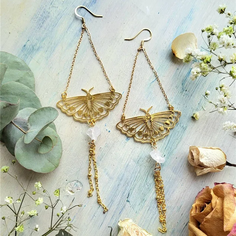 

Butterfly Charm Moth Earrings, Bohemian Jewelry, Original Transparent Quartz Crystal, Gold Tassel Long Chain Earrings