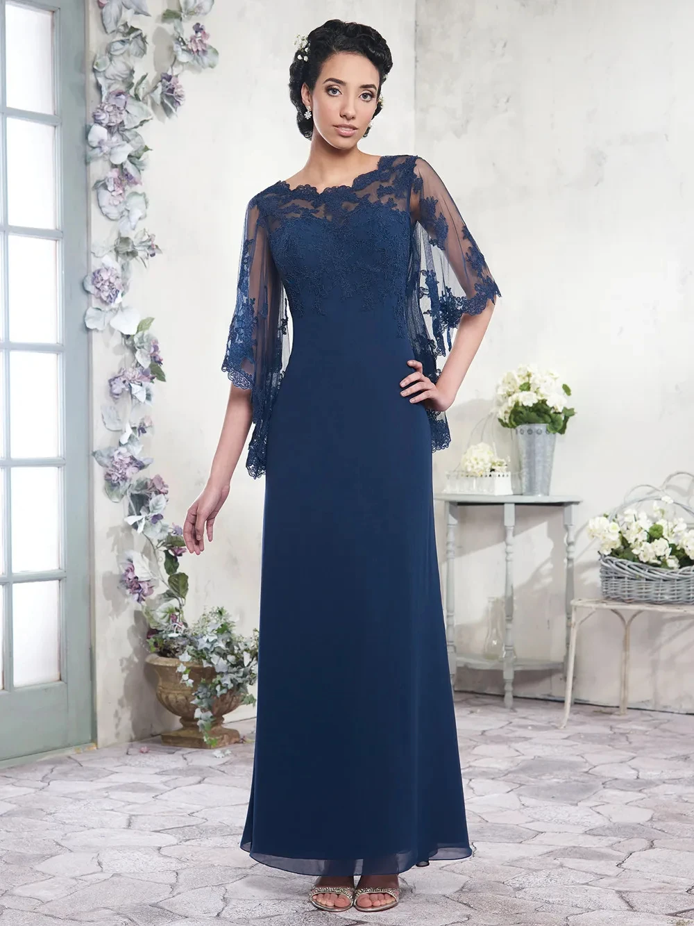 

Navy Blue Mother of the Bride Dresses Chiffon A Line Floor Length Long Evening Dress Prom Gowns Elegant Style Tulle with Appliqu