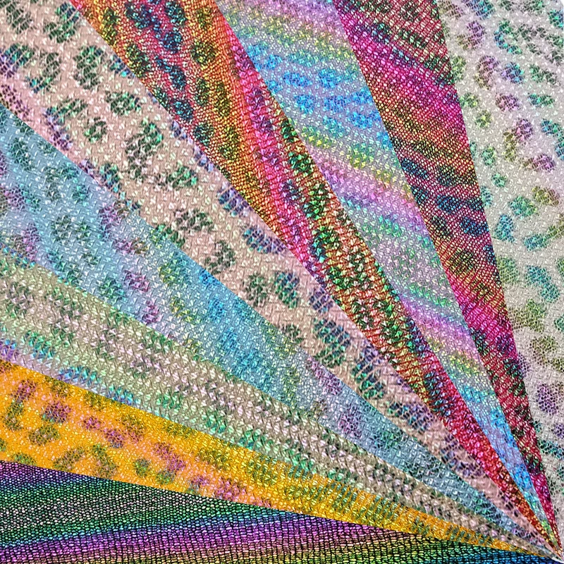 

Woven Leopard Skin Pattern Printed rainbow Design PU Faux Leather Fabric Sheet for Shoe/Bag/DIY Accessories