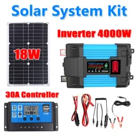 18W Solar Panel + 4000W Modified Sine Wave Power Inverter + 30A Controller 12V to 220V Voltage Transformer Charging System Kit