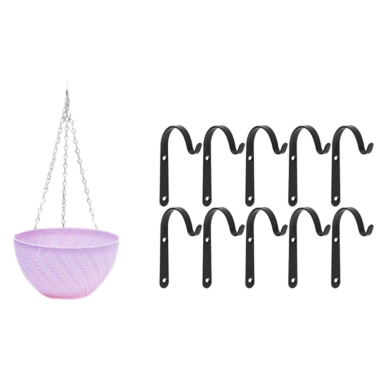 

1X Round Plastic Hanging Basket Flower Pot 16X10cm (Purple) & Set Of 10 Hanging Basket Bracket Hooks Iron