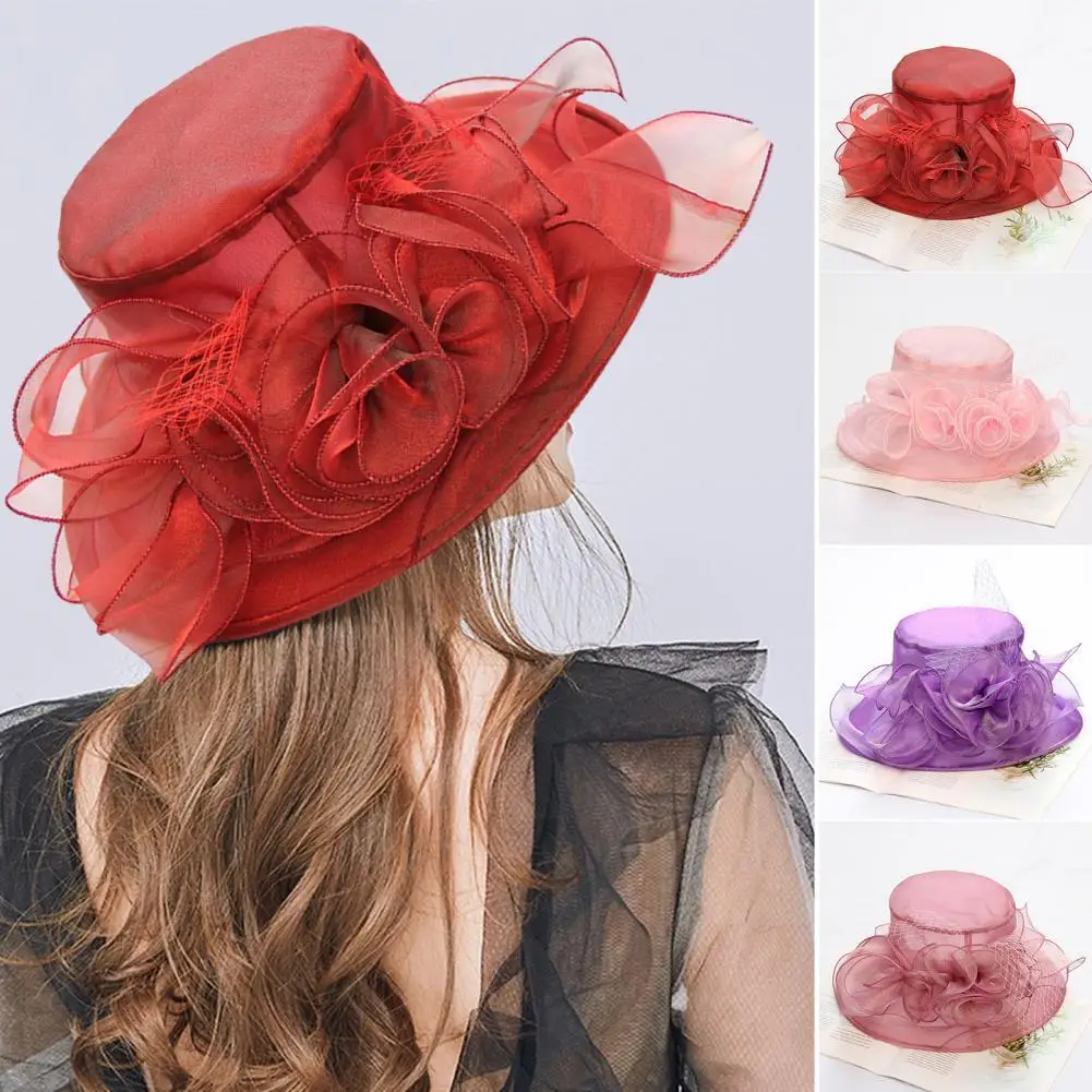 

Elegant Women Church Cap Wide Brim Four Flowers Summer Organza Semi-transparent Sun Hat Ladies Fashion Vacation Headgear