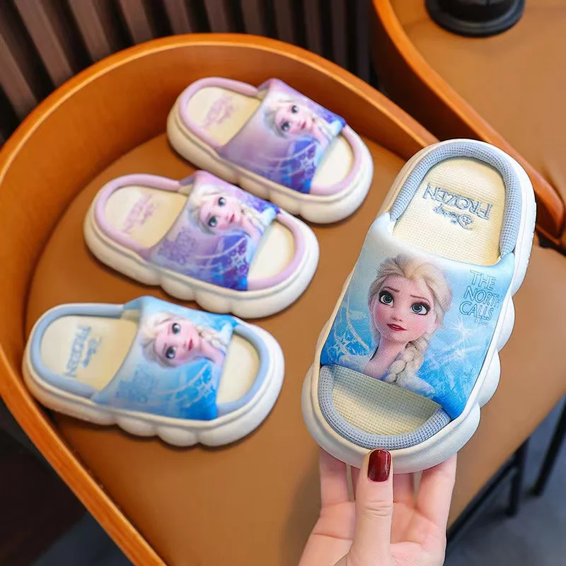

Disney Summer Spring Children Flax Slippers Girls Cartoon Princess Frozen Elsa Print Kids Indoor Anti-slip Beach Flip Flop Shoes