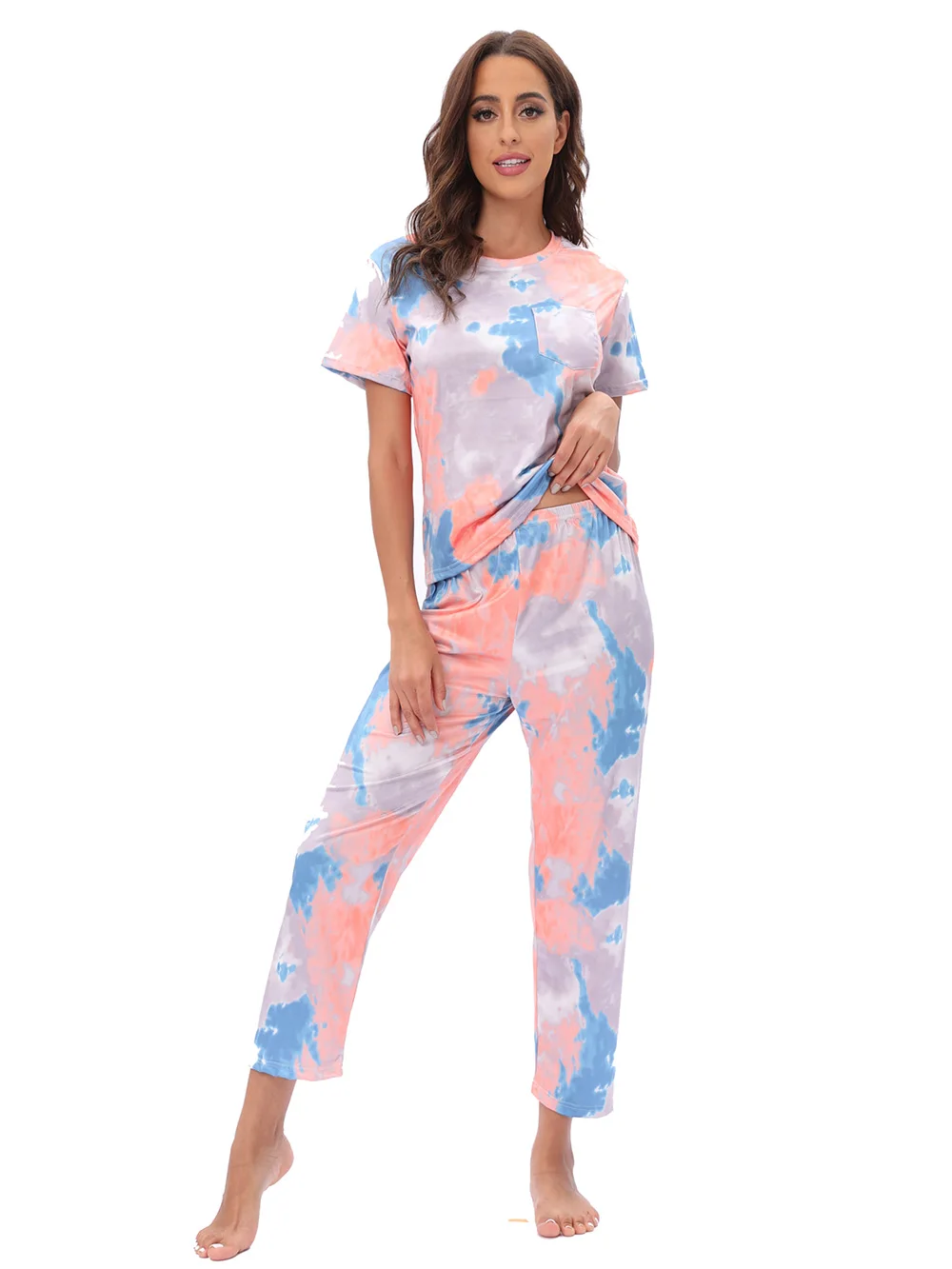 Women's Two-Piece Pajama Set Tie-Dye Printed Long Casual Set Short Sleeve Top and Pants Pajama Loose Leisure Homewear