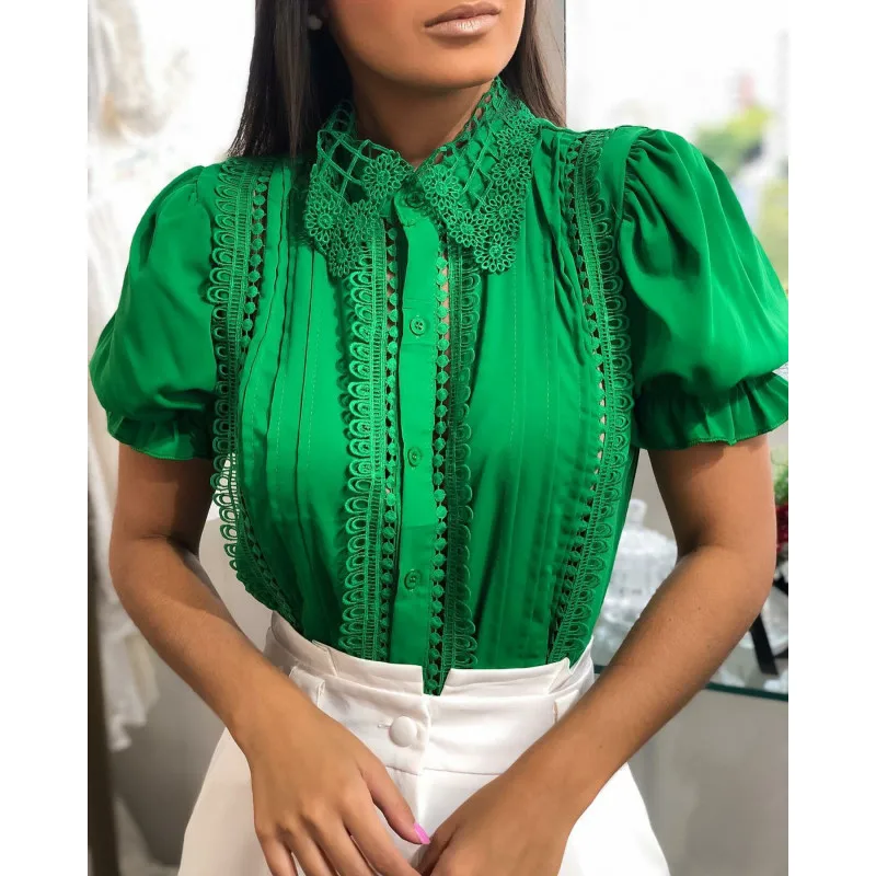 

Women Summer Short Puff Sleeve Hollow Out Lace Patchwork Shirt Femme Blusas All-match Women Lace Blouse Button Green Top