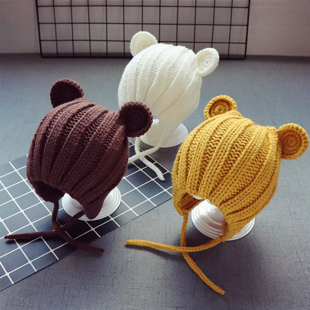 

0-3years Baby Hat Autumn Winter Cute Baby Girls Baby Boys Hat Bear Ear Ear Protection Warm Knitted Beanies KF428