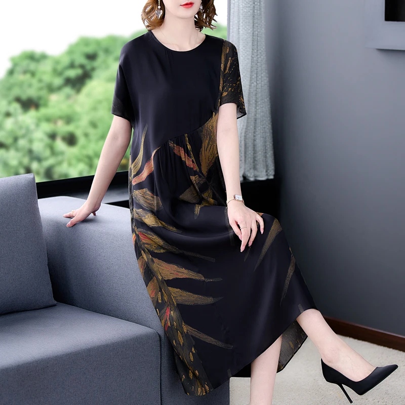 

2023 New Fashion Silk Printed Dress Women's Summer Silk Round Neck Short Sleeve Loose Tight Holiday Travel Dress Vestidos