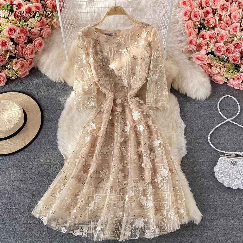 

Flower Jie Spring Dress Women Sequins Embroidered Floral Three Quarter Sleeve Chic Party Club Elegant Autumn Evening Dresses