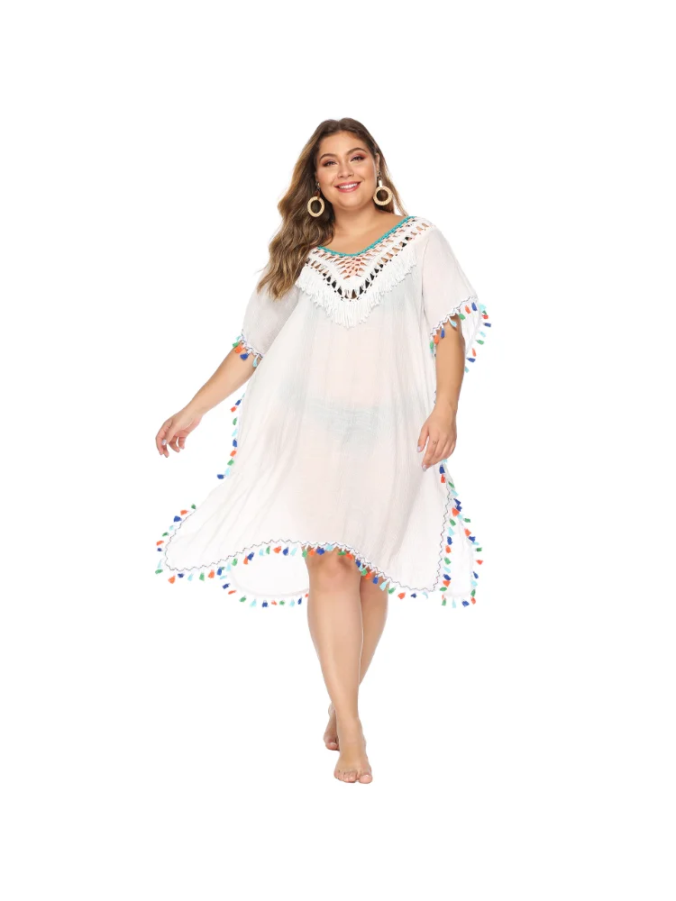 Women's Irregular Hand Hook Spliced Colorful Tassels Deep V Sexy Loose plus size Beach Cover Up Open Back Skirt