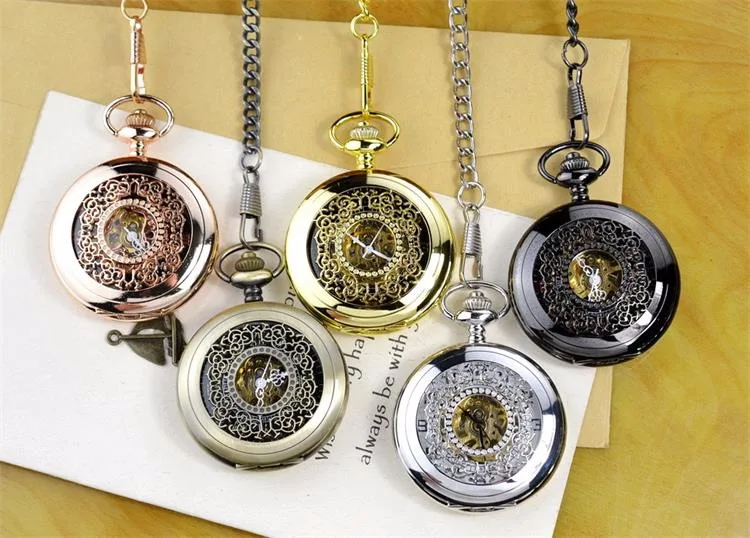 Luxury Mechanical Vintage Black Gold Flower Wave Pocket Watch for Men Women Skeleton Roman Numeral Dial Fob Chain Pendant Clock