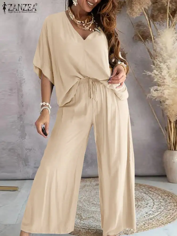 

ZANZEA Women Casual Pant Sets Summer Loose Half Sleeve Top 2pcs Outfit Wide Leg Pant Matching Sets Solid Elastic Waist Tracksuit