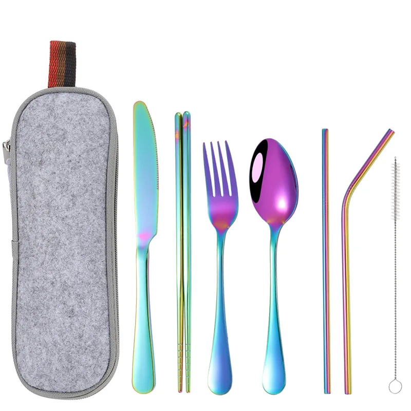 

7Pcs Stainless Steel Dinnerware Set Knives Forks Spoons Chopsticks Straws Outdoor Travel Portable Cutlery Set