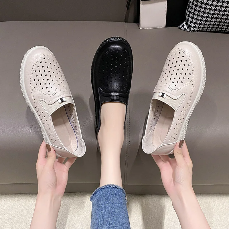 Summer Hollow Shoes for Woman Breathable Ladies Flat Shoes Casual Loafers Women's Flats Holes Shoes Female Slip On Leather Shoes
