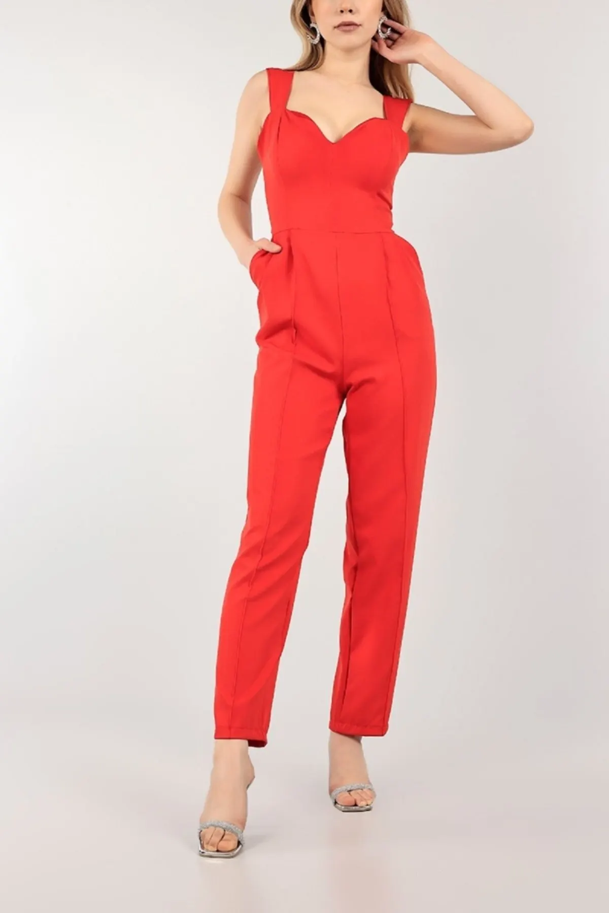 

Women's Overalls Red Grassy Pocket New Season Heart Collar Long Length Jumpsuit Q Hot Casual Fashion Jumpsuit