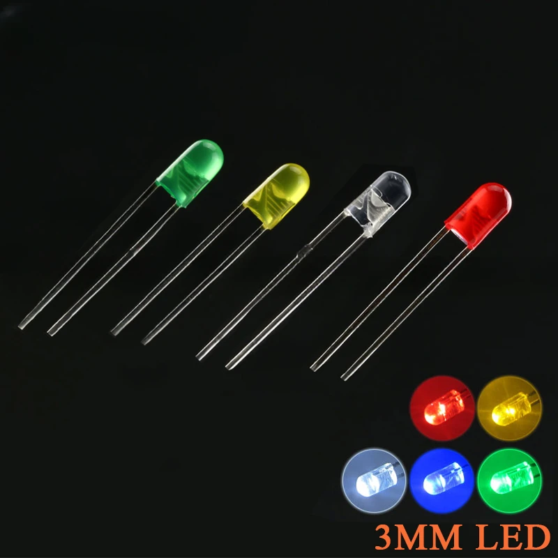 

100pcs 3mm LED Light Emitting Diode Kit Yellow white Red Blue Green Color Bulb Lamp Set 3V Diodes PCB Assortment