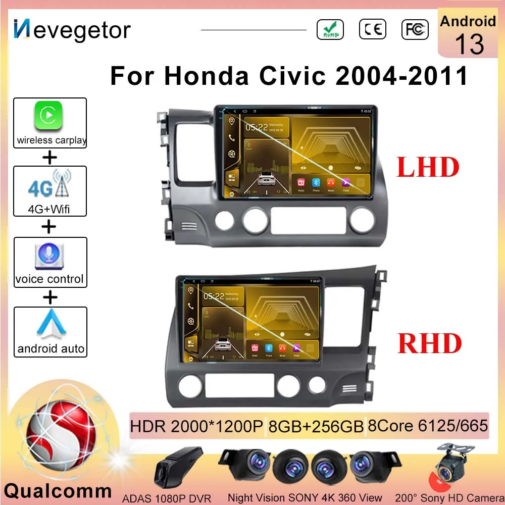 

10'' Android 13 Qualcomm For Honda Civic 2004-2011 Car Radio Multimedia GPS Navigation Navi Player Auto Stereo Head Unit 2Din