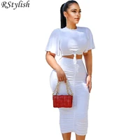rstylish solid women 2 piece dress set short sleeve crop top and pleated ruched skirts party night club bodycon summer outfits