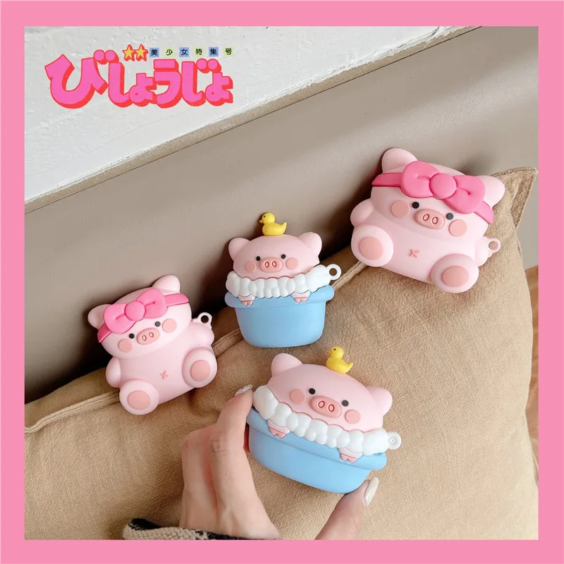

Cute Cartoon Bowknot Piglet Bubble Bath Piglet Bluetooth Headset Cover for Airpods 1 2 Pro Silicone Airpods Case