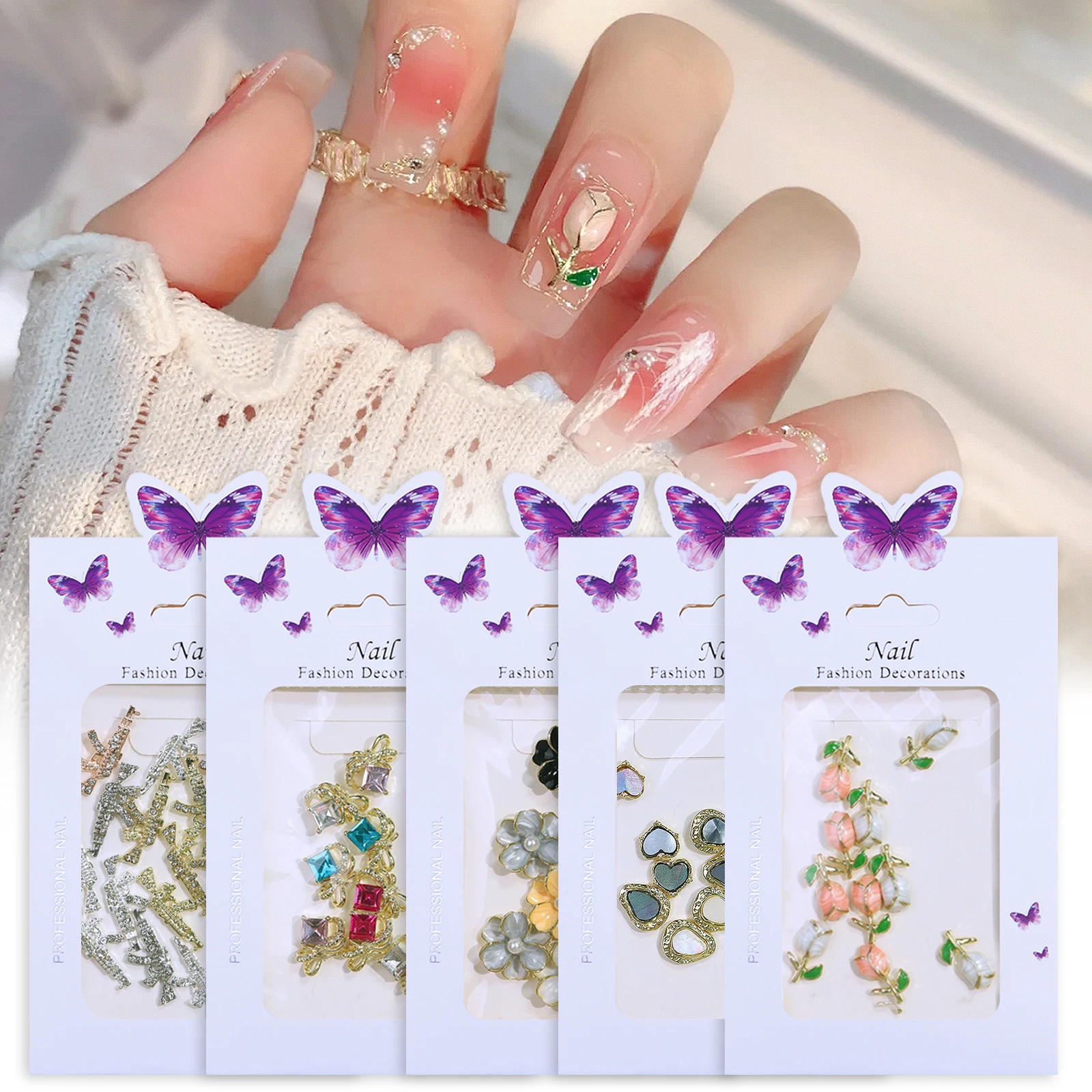 

1 Pack Tulip Designs Nail Rhinestones Decoration Alloy Flower/Gun/Heart Nails Art Ornaments 6/8/10Pcs Mainicure DIY Accessories