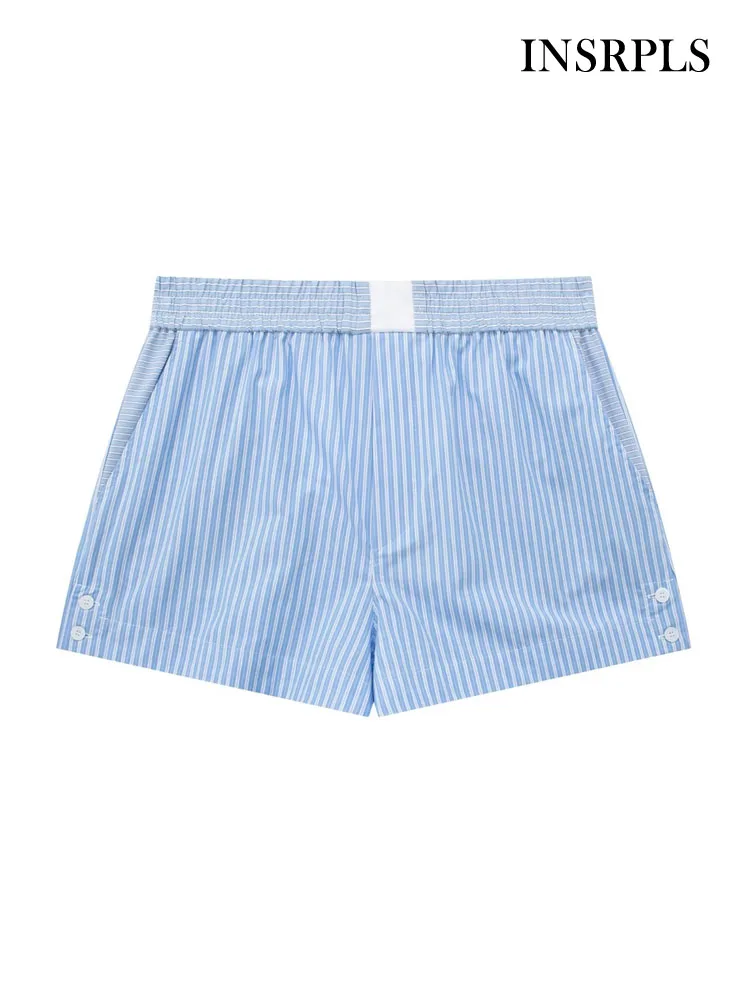 

Шорты INSRPLS женские с боковыми карманами, Модные Винтажные полосатые в стиле пэчворк, с эластичным поясом, с разрезом, короткие штаны