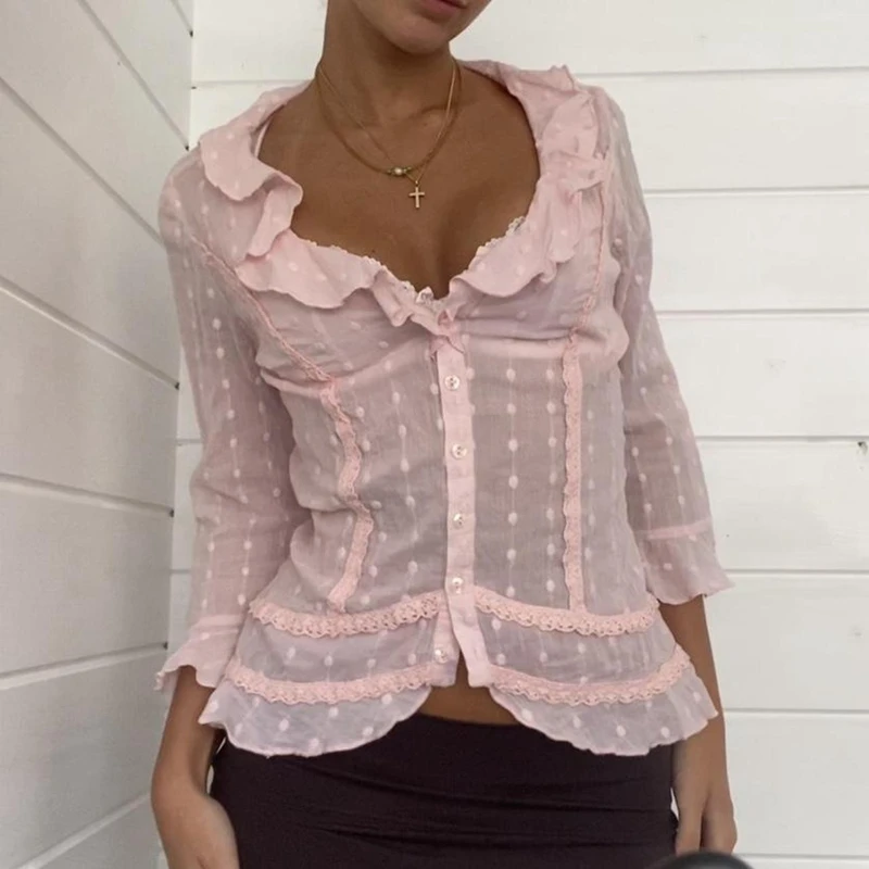 

Y2K Retro Aesthetics Crop Top Kawaii Girl Fiarycore Dots Lace Pink T-shirt Ruffles V Neck Button Up Blouse Tees Vintage Clothes