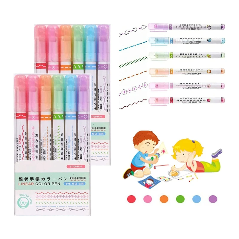 

2 Set Curved Highlighter - Dual Tip Pens With 6 Different Curve Shapes, Curve Highlighter Pen Set For Writing Drawing