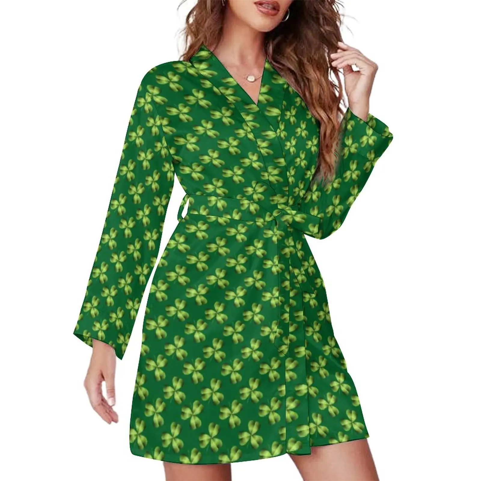 

Пижамный халат Shamrock в виде трех листьев, женская мягкая пижама с длинным рукавом и V-образным вырезом