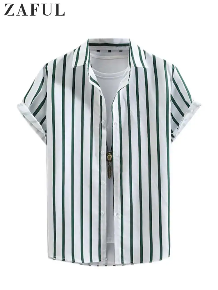 

ZAFUL Vertical Striped Shirts for Men Summer Short Sleeve Beach Shirt Casual Streetwear Turn-down Collar Button-up Tops Z4987381
