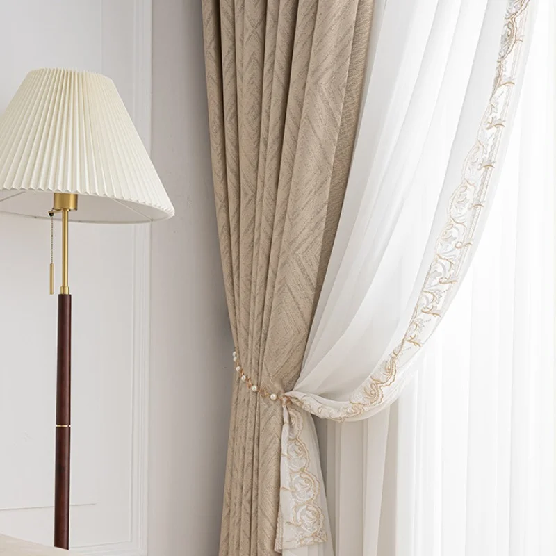 

Fashion Simple Luxury Curtains for Living Room Bedroom Blackout Milk Tea High Precision Chenille Texture Tulle Custom Window