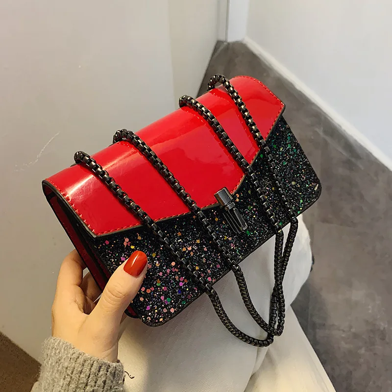 

Korean Patent Leather Sequin Shoulder Bag Slung Fashion Small Square Crossbody Bags For Women Chain Luxury Designer Handbag