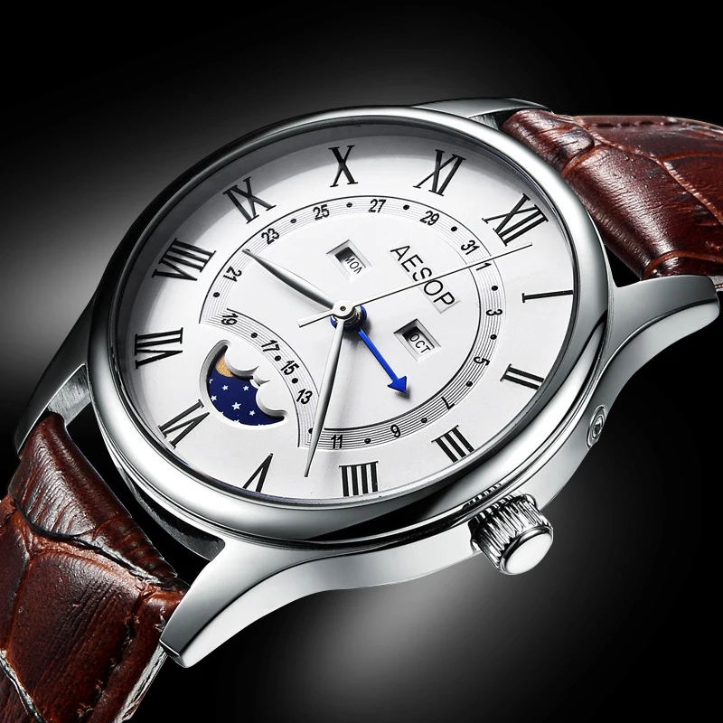 

AESOP Men Watch Top Brand Luxury Quartz Watch Men Clock Moon Phase Sapphire Crystal Watch Leather Wrist Watch Relogio Masculino