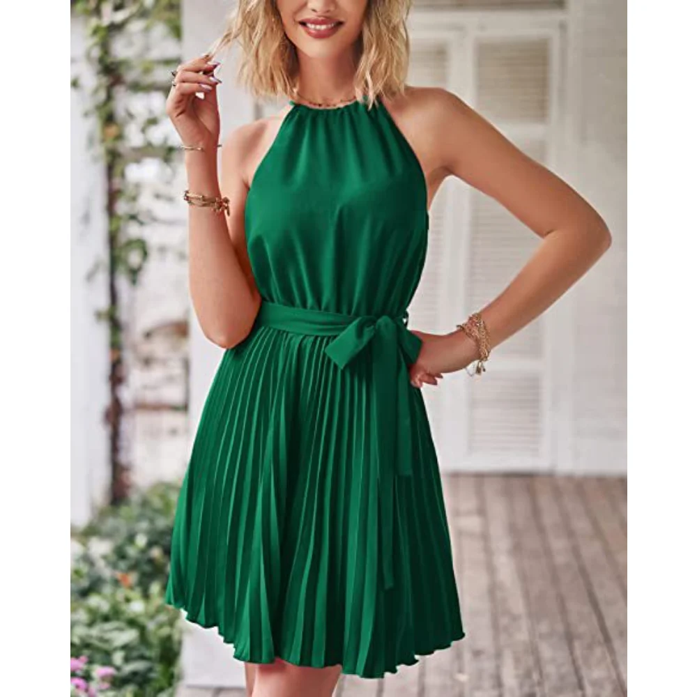 

Women's Solid Color Chiffon Halter Neck Tie Sleeveless Pleated Mini Dress Sweet and Fresh Summer New Arrival Women's Dress