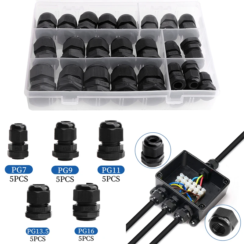 

25pcs Waterproof Cable Gland Cable Entry IP68 for 3-6.5mm PG7 PG9 PG11 PG13.5 PG16 Black Nylon Plastic Connector with Box