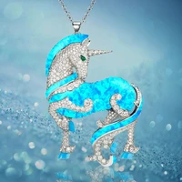 unicorn necklace exquisite blue diamond crystal animal pop jewelry girl trend birthday personality gift collar wholesale
