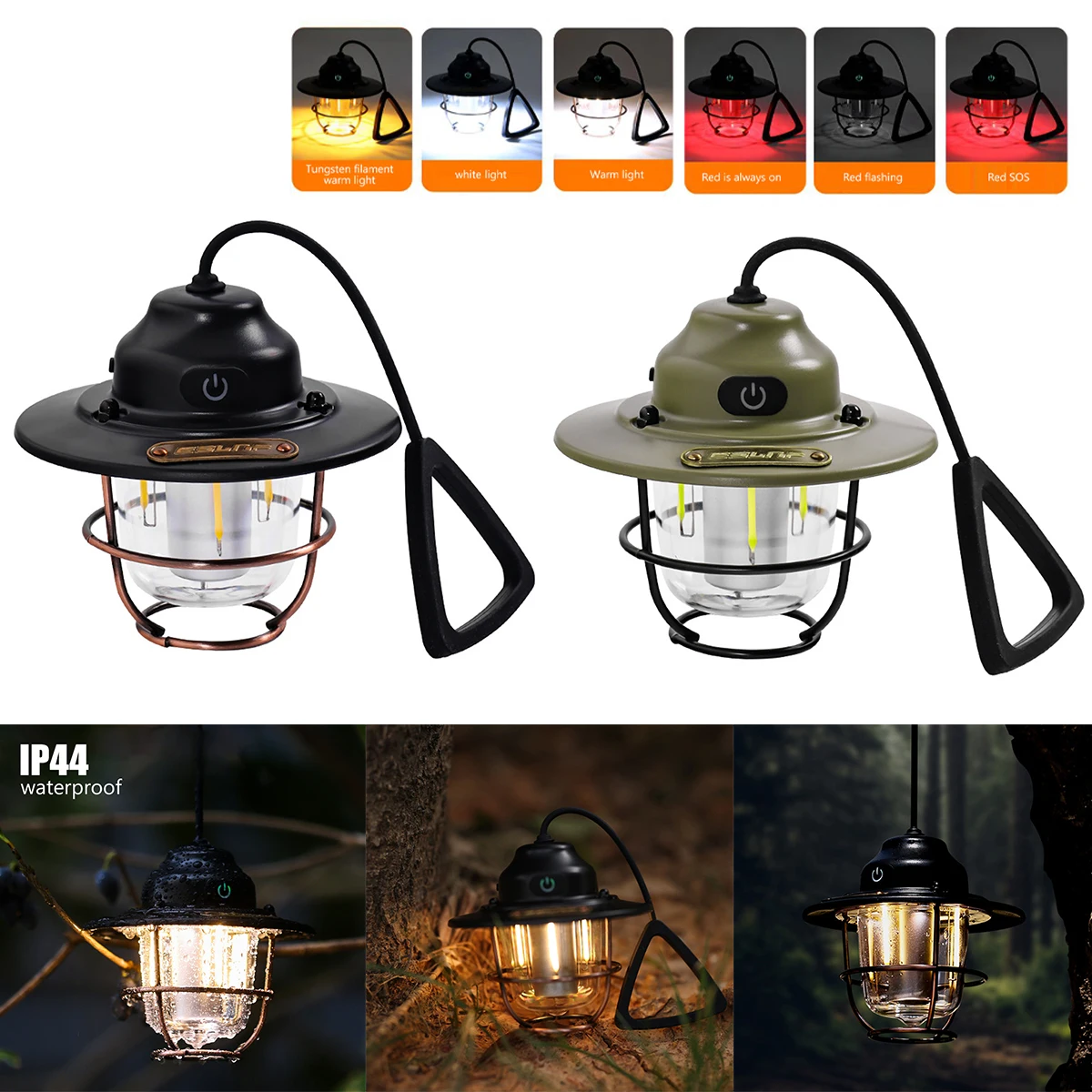 

LED Camping Lantern IPX4 Waterproof Tent Light 2000mAh Type-C USB Rechargeable Retro Outdoor Hanging Emergency Lamp Illumination