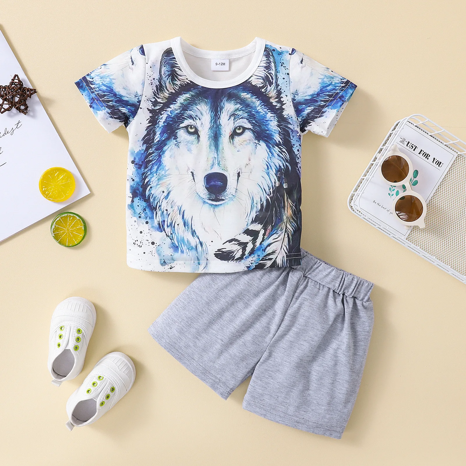 

Baby Boy Clothes Infant Clothing Sets Toddler Cartoon Wolf Print T-shirt + Solid Shorts 2pcs Set Children Summer Casual Outfits
