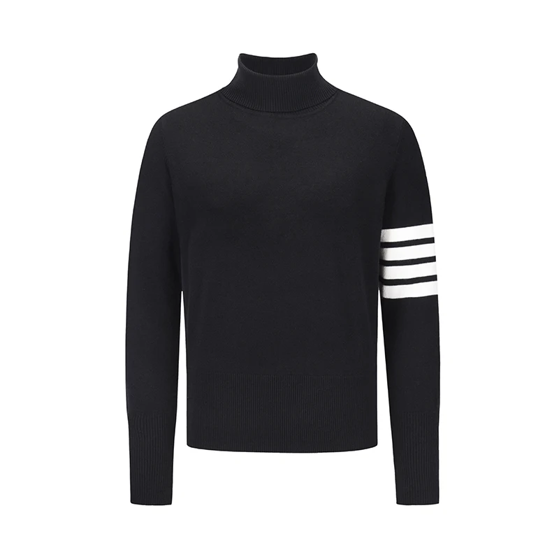 

TB THOM Sweater Male 2022 Arrival Autumn Fashion Brand Clothing White Stripes Black Turtleneck Pullovers Blouse Harajuku Sweater
