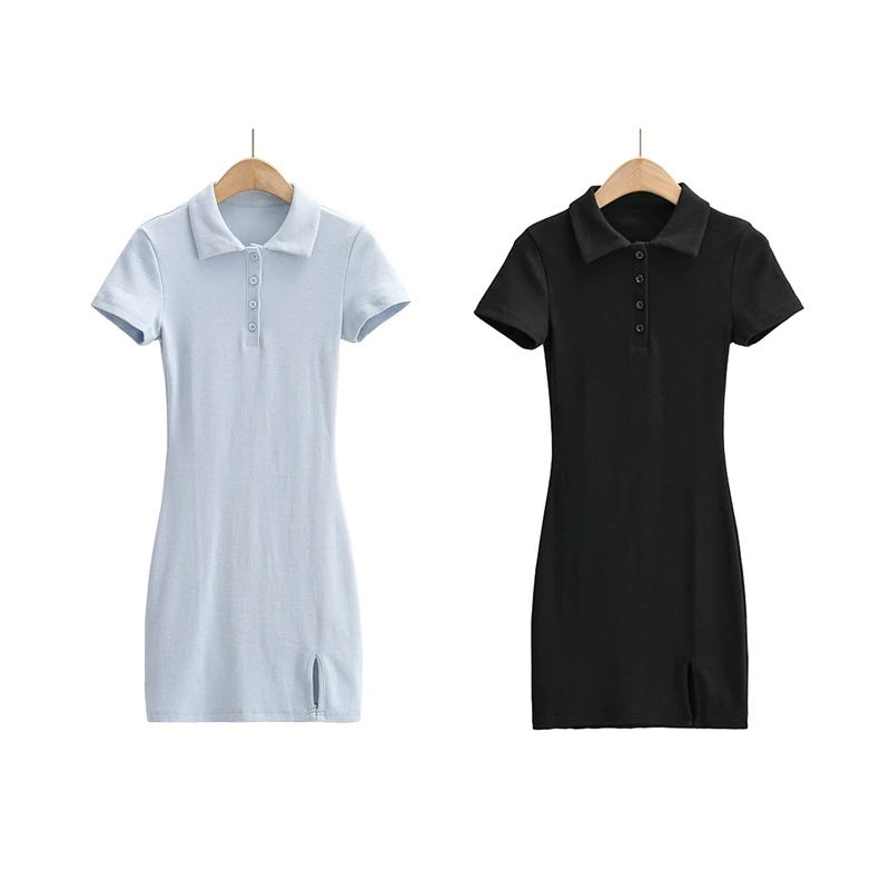 

Women's Slim Fit Net Face Side Slit Lapel Fake Pocket Decoration Dress