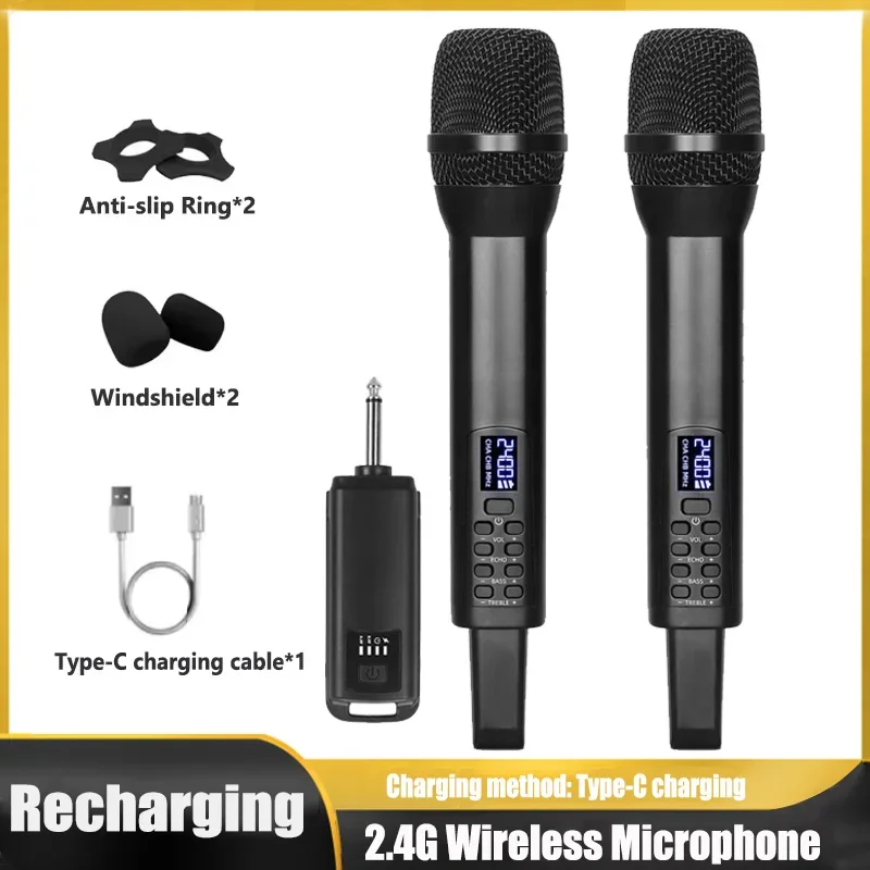 Беспроводной микрофон 2 4G с подзарядкой Echo Treble Bass Type-C двойной ручной динамический