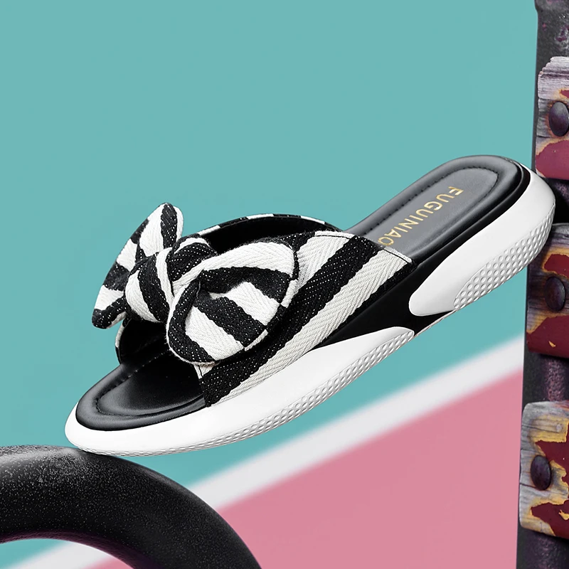 

2022 Summer New Woman Slippers Butterfly-knot Casual Sandals Fashion Flat Slippers for Women Low Top Mixed Colors Walking Shoes