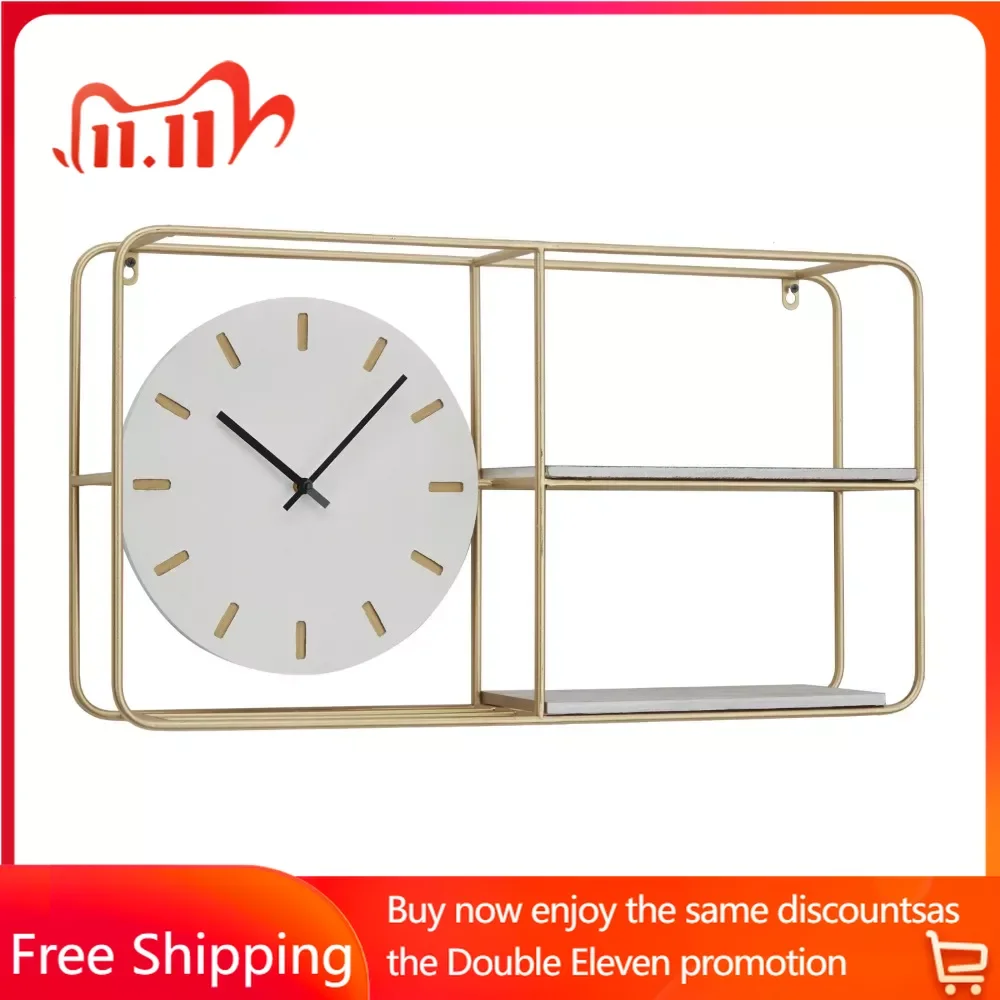 

27" X 15" Gold Metal 2 Shelf Wall Clock Clocks Wall Home Decor