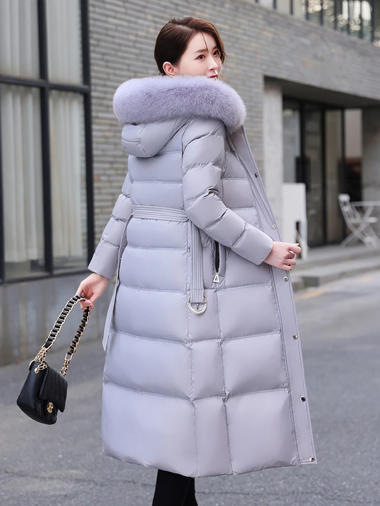 New Women Down Coat Winter Fashion Hooded Real Fox Fur Collar Belt Slim Long Down Jacket Thicken Warm White Duck Down Overcoat