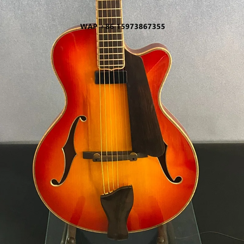 Фото Электрогитара Yunzhi Luthier ручной работы, 15 дюймов, арчтоп, цвет Sunset, с огненным кленом, полый корпус, накладка из черного дерева, массив махагони, в наличии №1