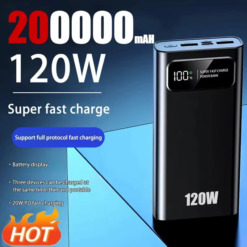 200000 mAh Power Bank 120 Вт сверхбыстрая зарядка аккумулятора большой емкости с цифровым
