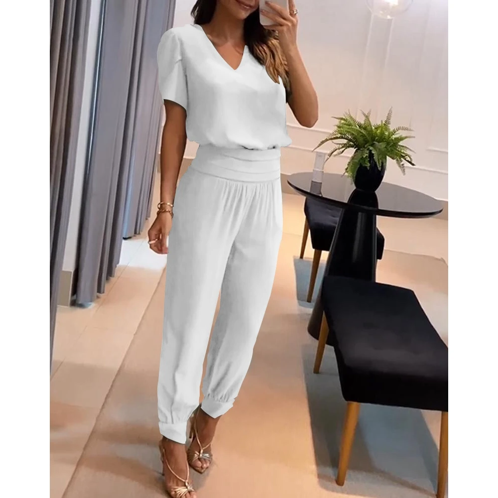 Women Puff Sleeve V-Neck Short Sleeve Top & High Waist Cuffed Pants Set Casual Femme Fashion Two-Piece Set Woman Outfits Clothes