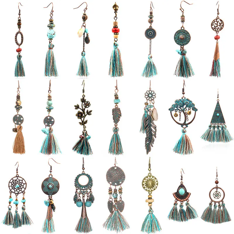 

1 пара ручной работы, серьги с кисточками, винтажные металлические Висячие серьги для женщин, разные этнические богемные висячие серьги