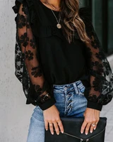 black elegant lace stitching ruffled tops women 2022 round neck long sleeved t shirt women fashion casual office tops