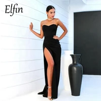 elfin modest black satin pleat long evening dresses one shoulder sweetheart high slit pleats floor length prom dress 2022